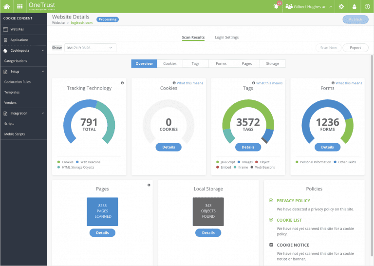 Screenshot of the onetrust platform website details dashboard