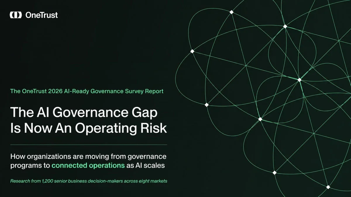 OneTrust AI governance report cover with a dark green wire-frame background, OneTrust logo, and headline: “The AI Governance Gap Is Now an Operating Risk.”