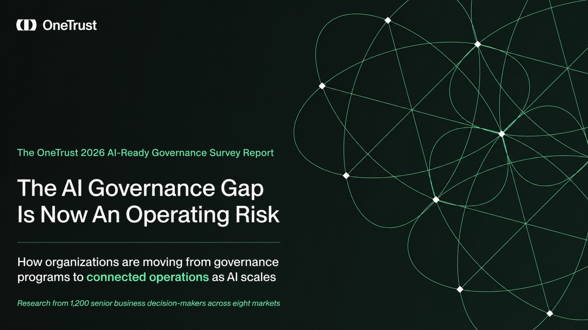 OneTrust AI governance report cover with a dark green wire-frame background, OneTrust logo, and headline: “The AI Governance Gap Is Now an Operating Risk.”