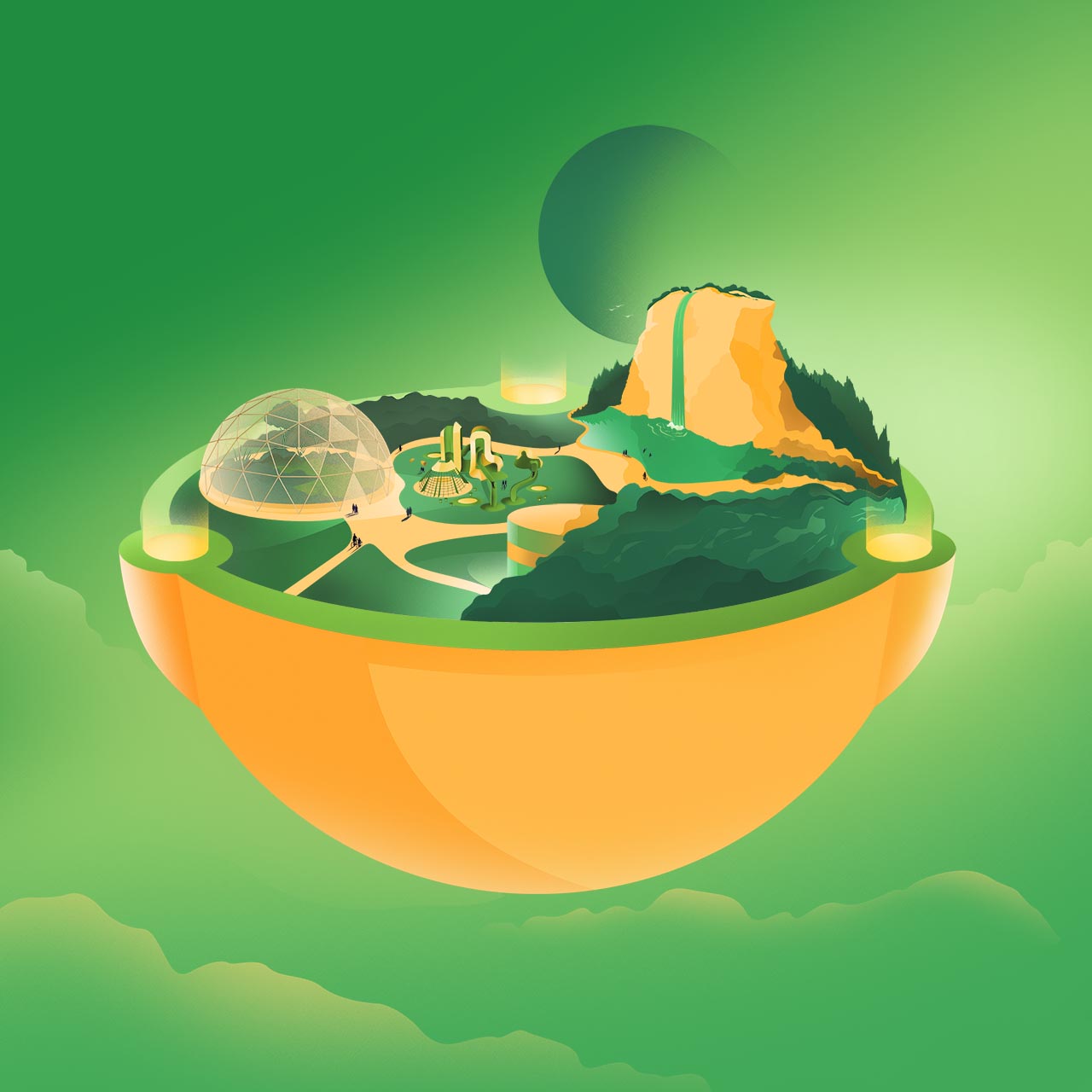 Illustration einer futuristischen Welt auf einer Halbkugel im Himmel.